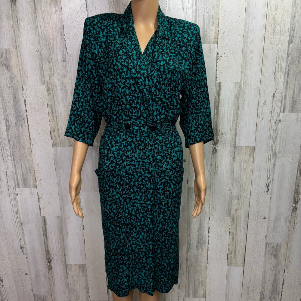 JA Vintage 80’s Green and Black Patterned Sheath Dress